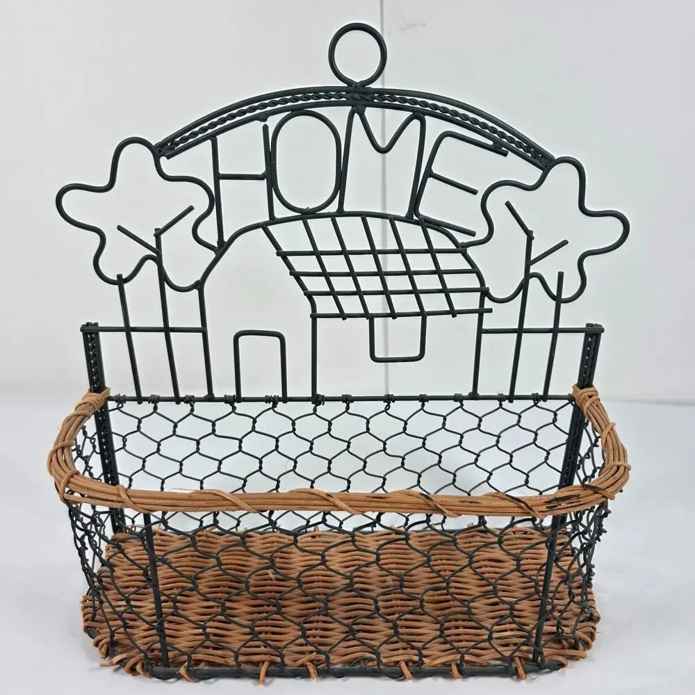 Rustic Home Wall Basket Wire Metal Wicker Hanging Farmhouse Organizer cottage